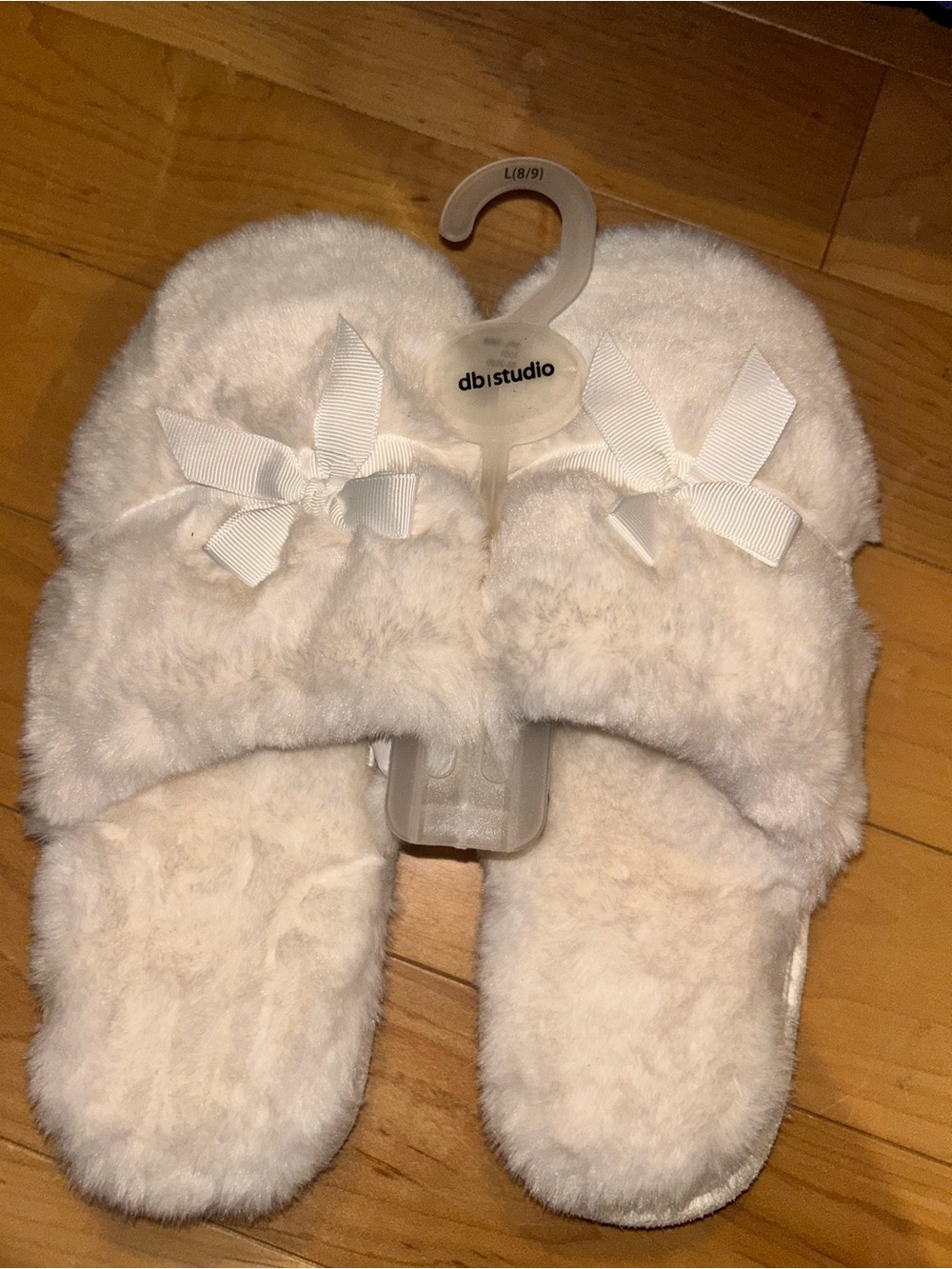 David's Bridal Cream Fuzzy Slide Slippers with Bow